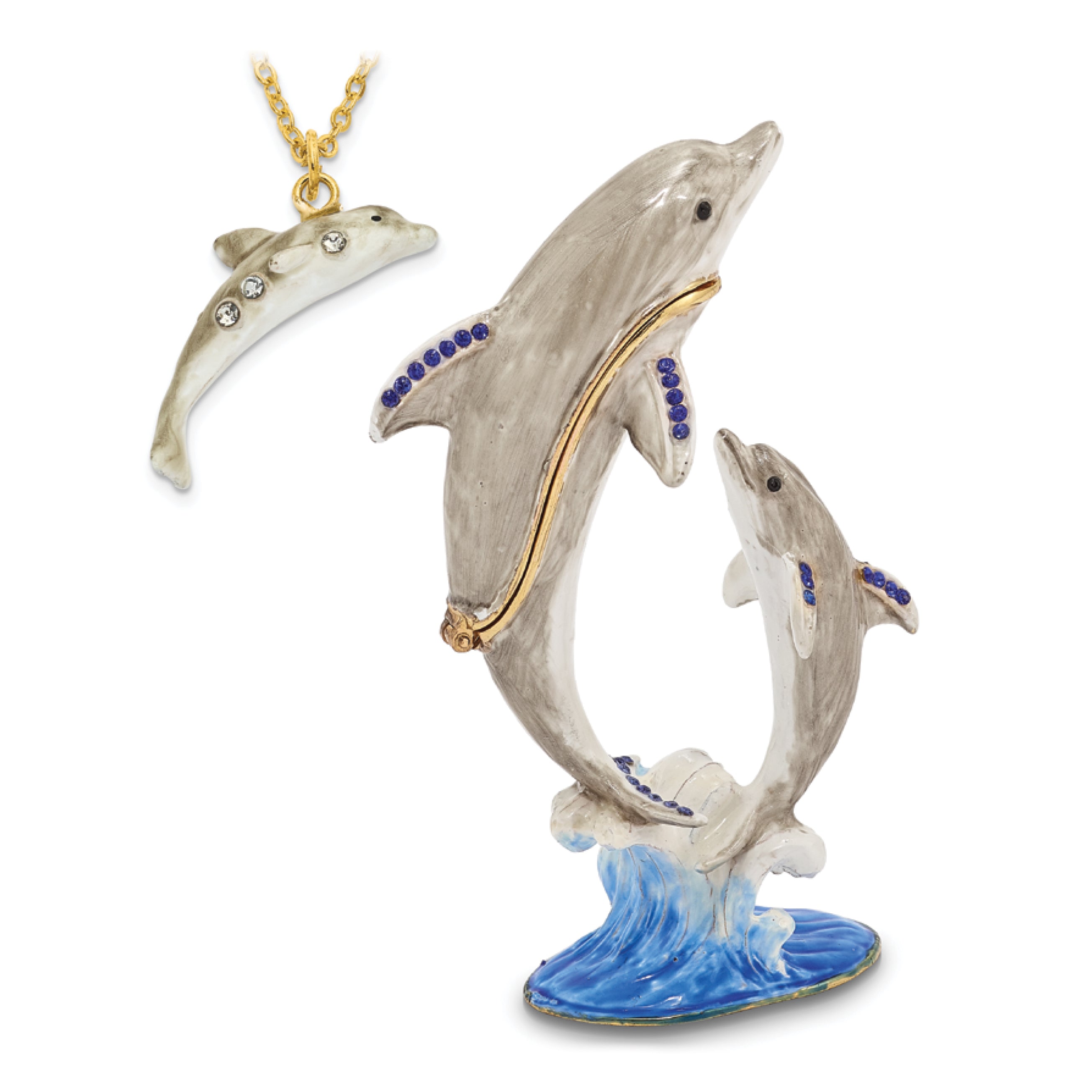 Luxury Giftware Pewter Bejeweled Crystals Gold-tone Enameled FIONA & FINN Mother & Baby Dolphins Trinket Box with Matching 18 Inch Necklace