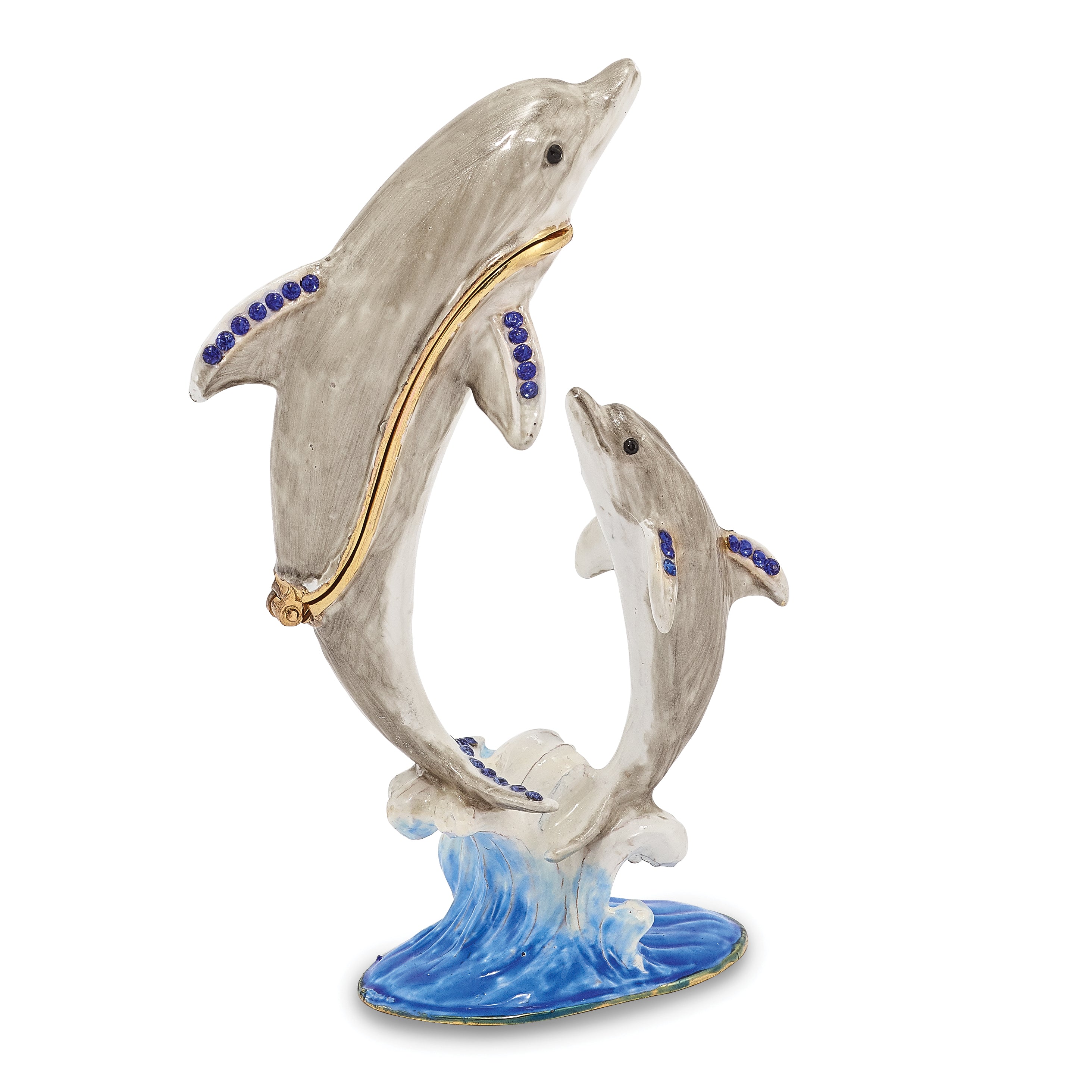 Luxury Giftware Pewter Bejeweled Crystals Gold-tone Enameled FIONA & FINN Mother & Baby Dolphins Trinket Box with Matching 18 Inch Necklace