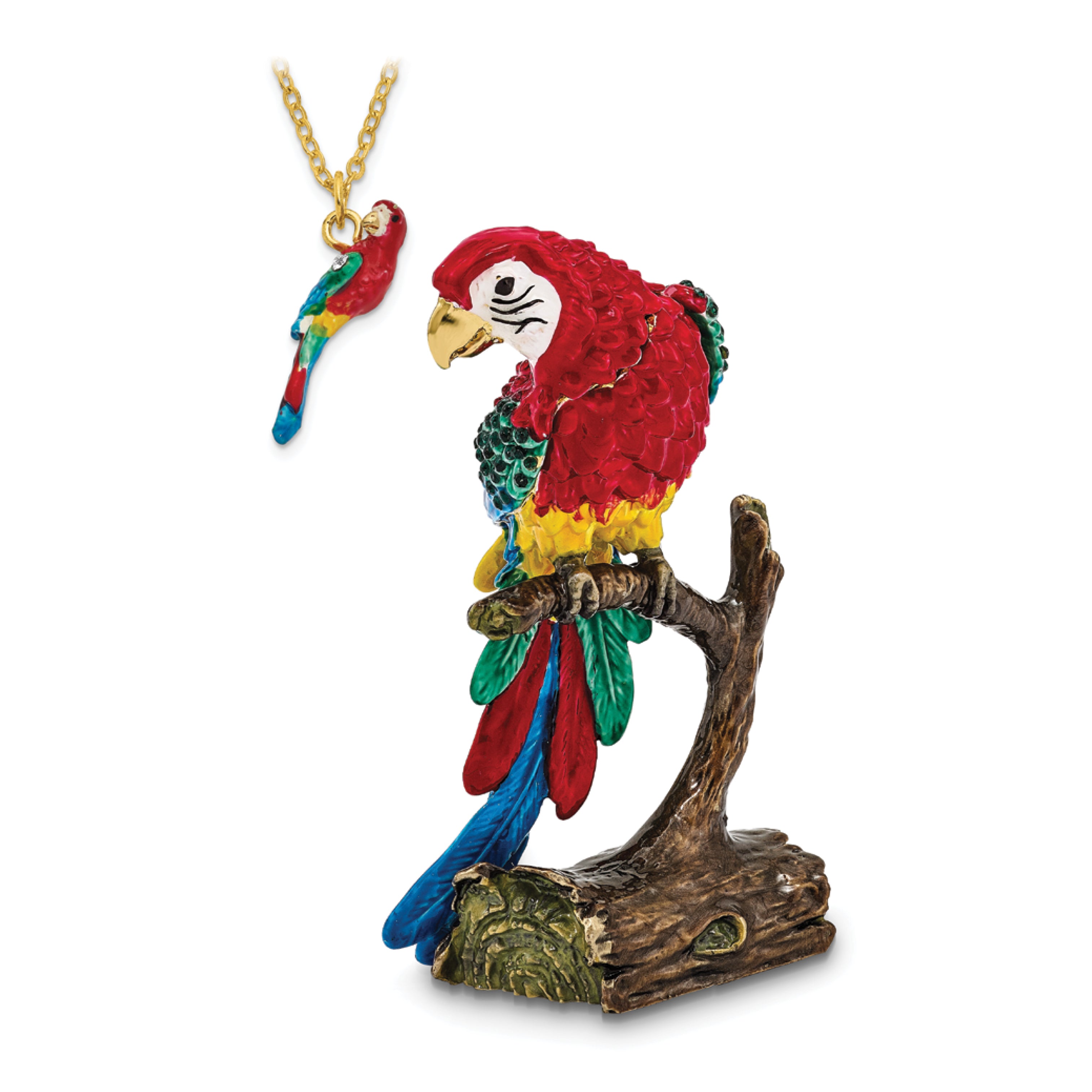 Luxury Giftware Pewter Bejeweled Crystals Gold-tone Enameled GOLDNOSE Macaw Parrot Trinket Box with Matching 18 Inch Necklace