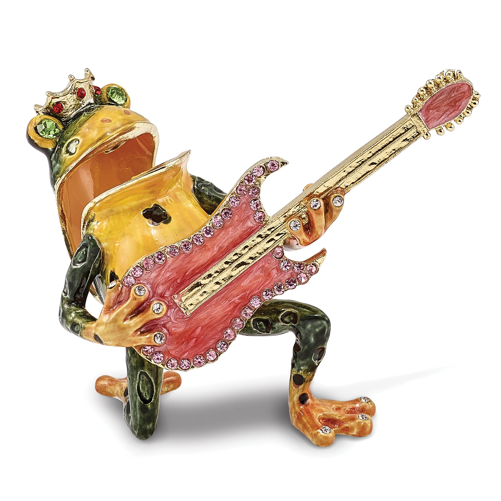 Luxury Giftware Pewter Bejeweled Crystals Gold-tone Enameled KEITH Rocks Musician Frog Trinket Box with Matching 18 Inch Necklace