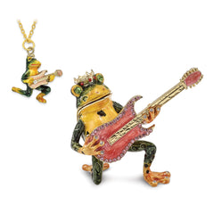 Luxury Giftware Pewter Bejeweled Crystals Gold-tone Enameled KEITH Rocks Musician Frog Trinket Box with Matching 18 Inch Necklace