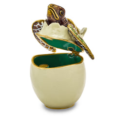 Luxury Giftware Pewter Bejeweled Crystals Gold-tone Enameled EGGBERT Turtle Hatchling Trinket Box with Matching 18 Inch Necklace