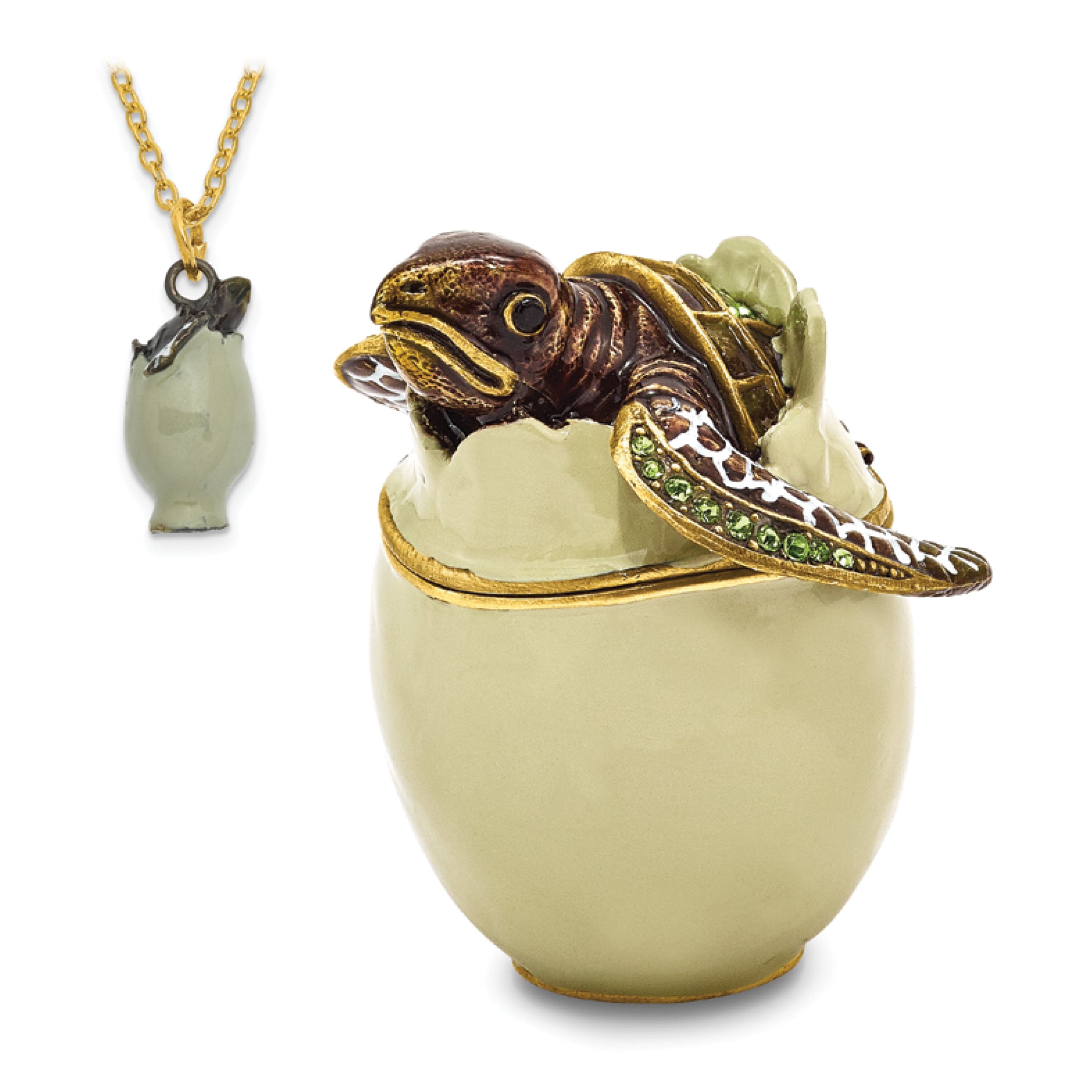 Luxury Giftware Pewter Bejeweled Crystals Gold-tone Enameled EGGBERT Turtle Hatchling Trinket Box with Matching 18 Inch Necklace