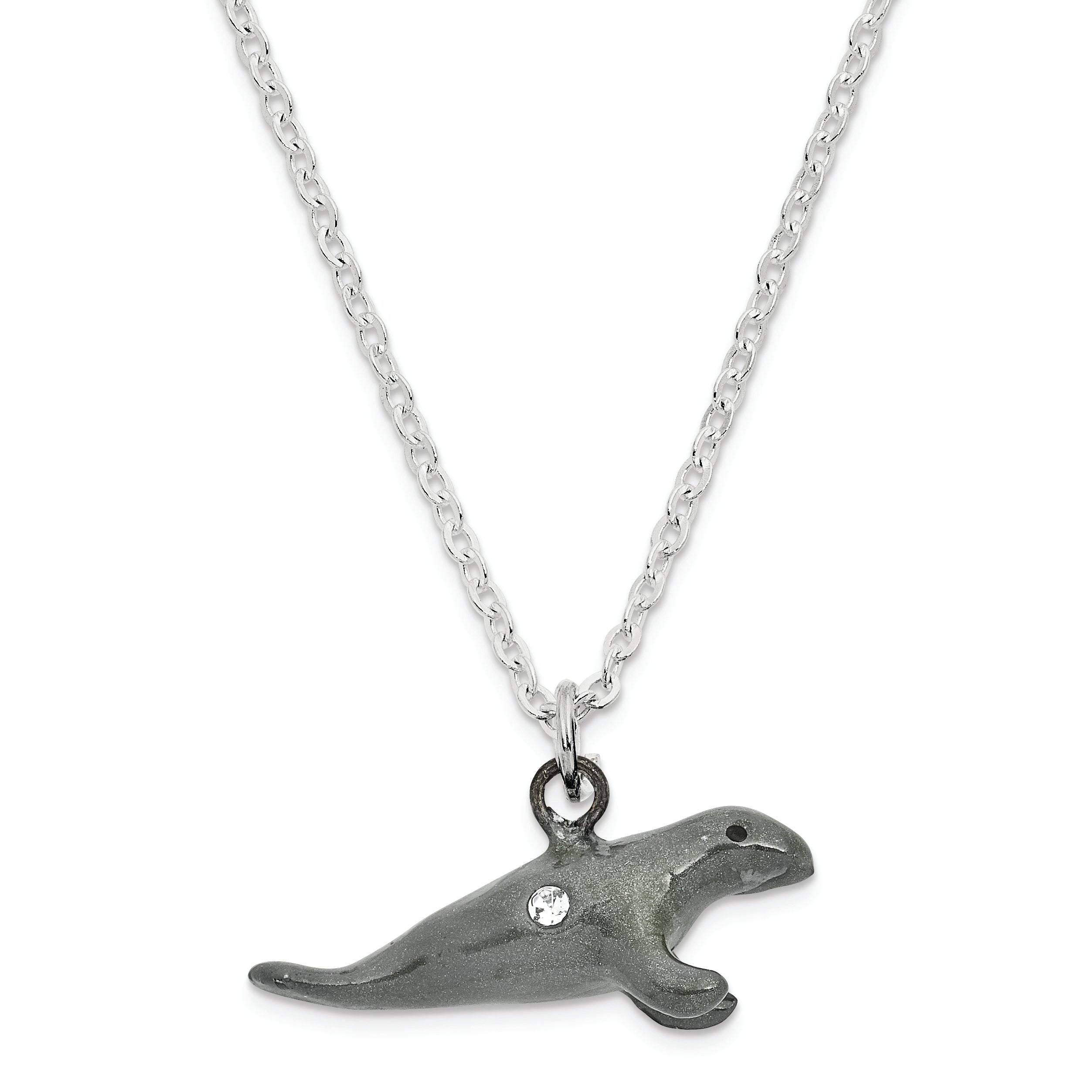 Luxury Giftware Pewter Bejeweled Crystals Pewter-tone Enameled MANNY Manatee w/Seaweed Trinket Box with Matching 18 Inch Necklace