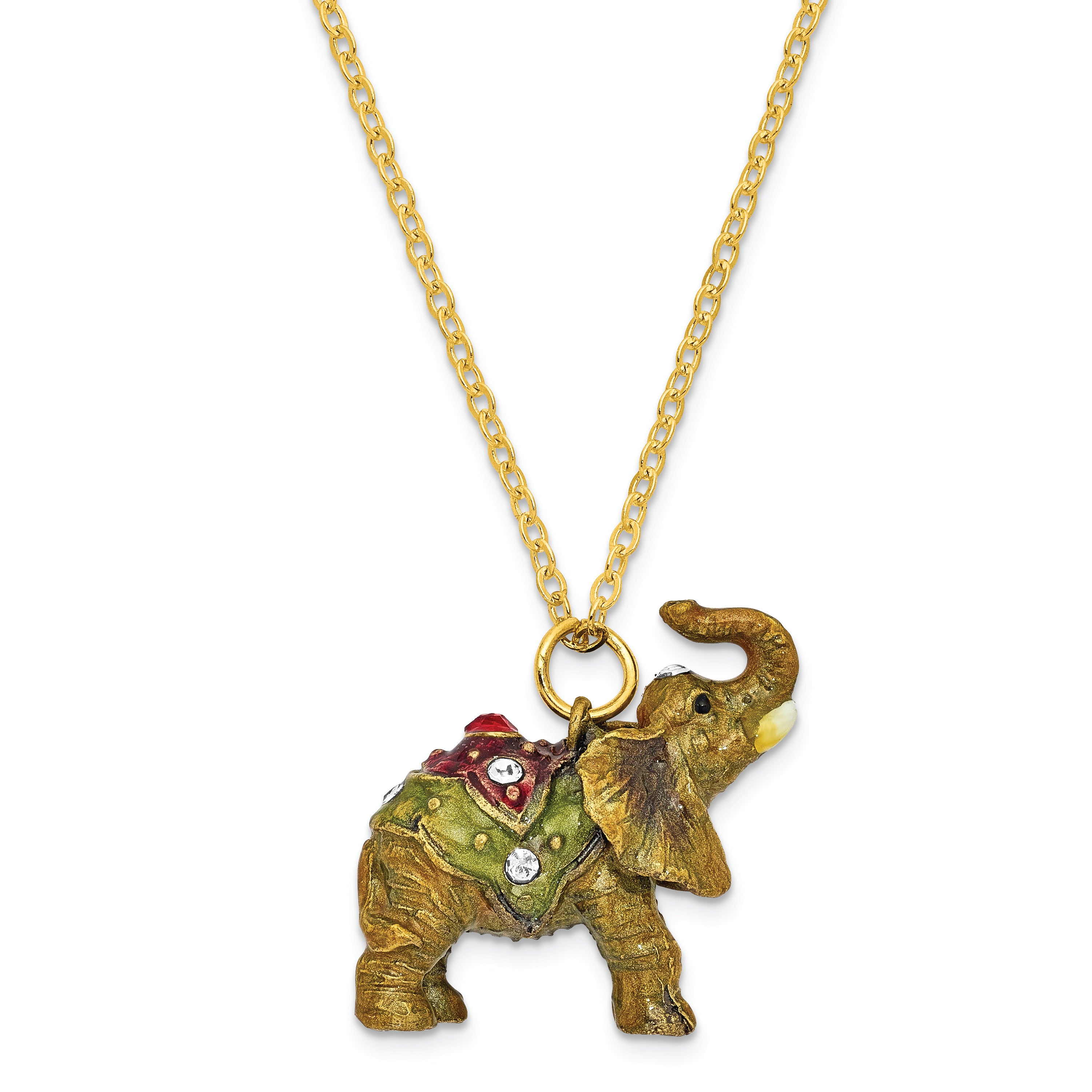 Luxury Giftware Pewter Bejeweled Crystals Gold-tone Enameled TALLIE Taj Mahal Elephant Trinket Box with Matching 18 Inch Necklace