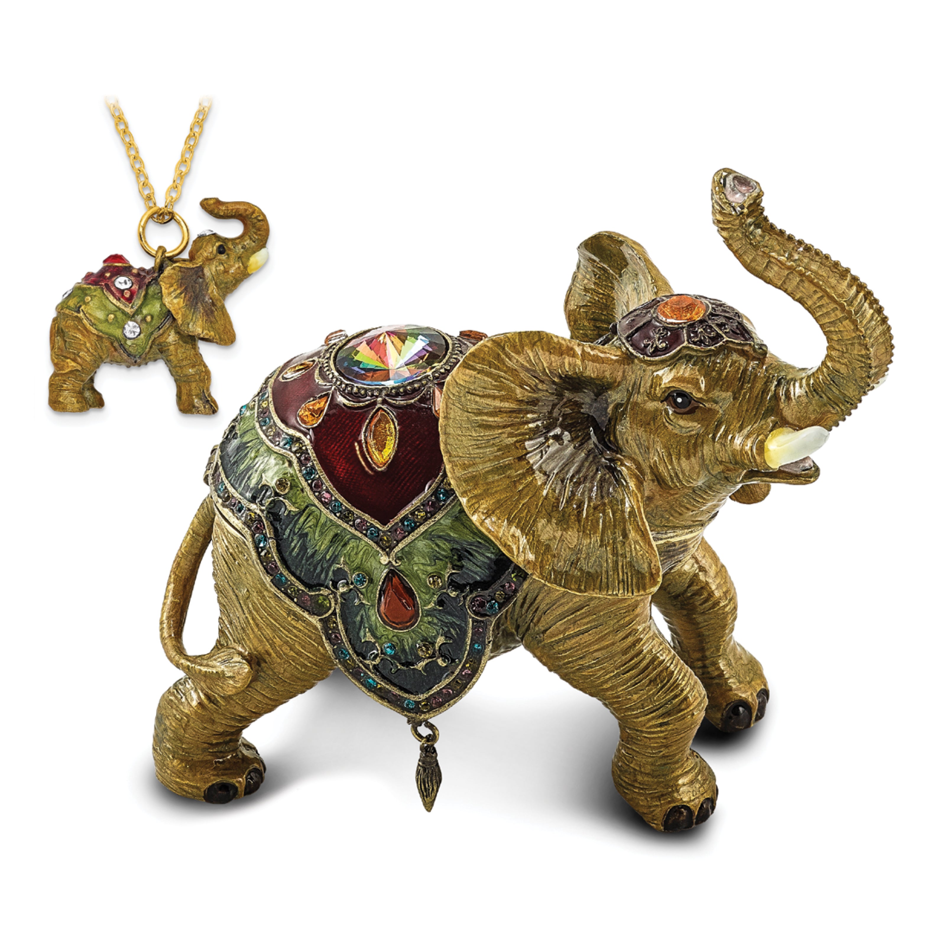 Luxury Giftware Pewter Bejeweled Crystals Gold-tone Enameled TALLIE Taj Mahal Elephant Trinket Box with Matching 18 Inch Necklace