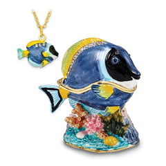 Luxury Giftware Pewter Bejeweled Crystals Gold-tone Enameled BLAKE Blue Tang Fish Trinket Box with Matching 18 Inch Necklace