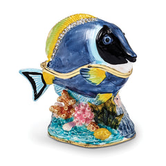 Luxury Giftware Pewter Bejeweled Crystals Gold-tone Enameled BLAKE Blue Tang Fish Trinket Box with Matching 18 Inch Necklace