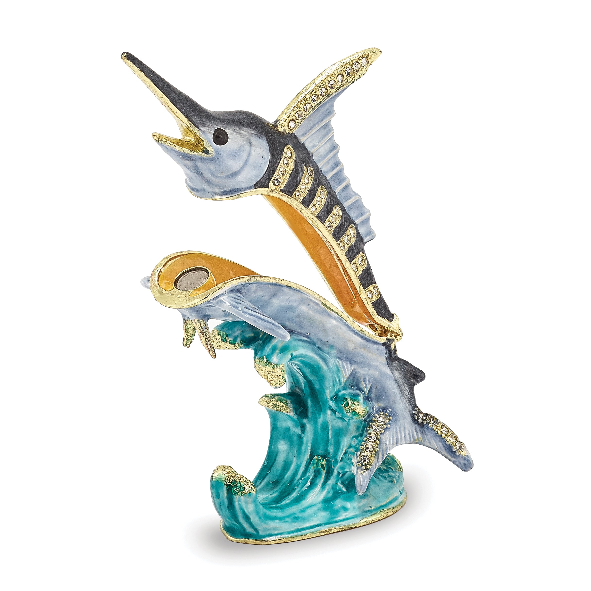 Luxury Giftware Pewter Bejeweled Crystals Gold-tone Enameled SAMMY Swordfish Trinket Box with Matching 18 Inch Necklace