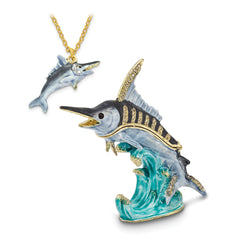 Luxury Giftware Pewter Bejeweled Crystals Gold-tone Enameled SAMMY Swordfish Trinket Box with Matching 18 Inch Necklace