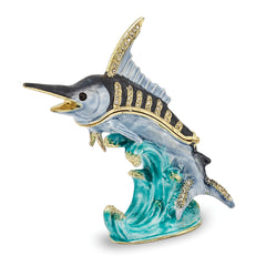 Luxury Giftware Pewter Bejeweled Crystals Gold-tone Enameled SAMMY Swordfish Trinket Box with Matching 18 Inch Necklace