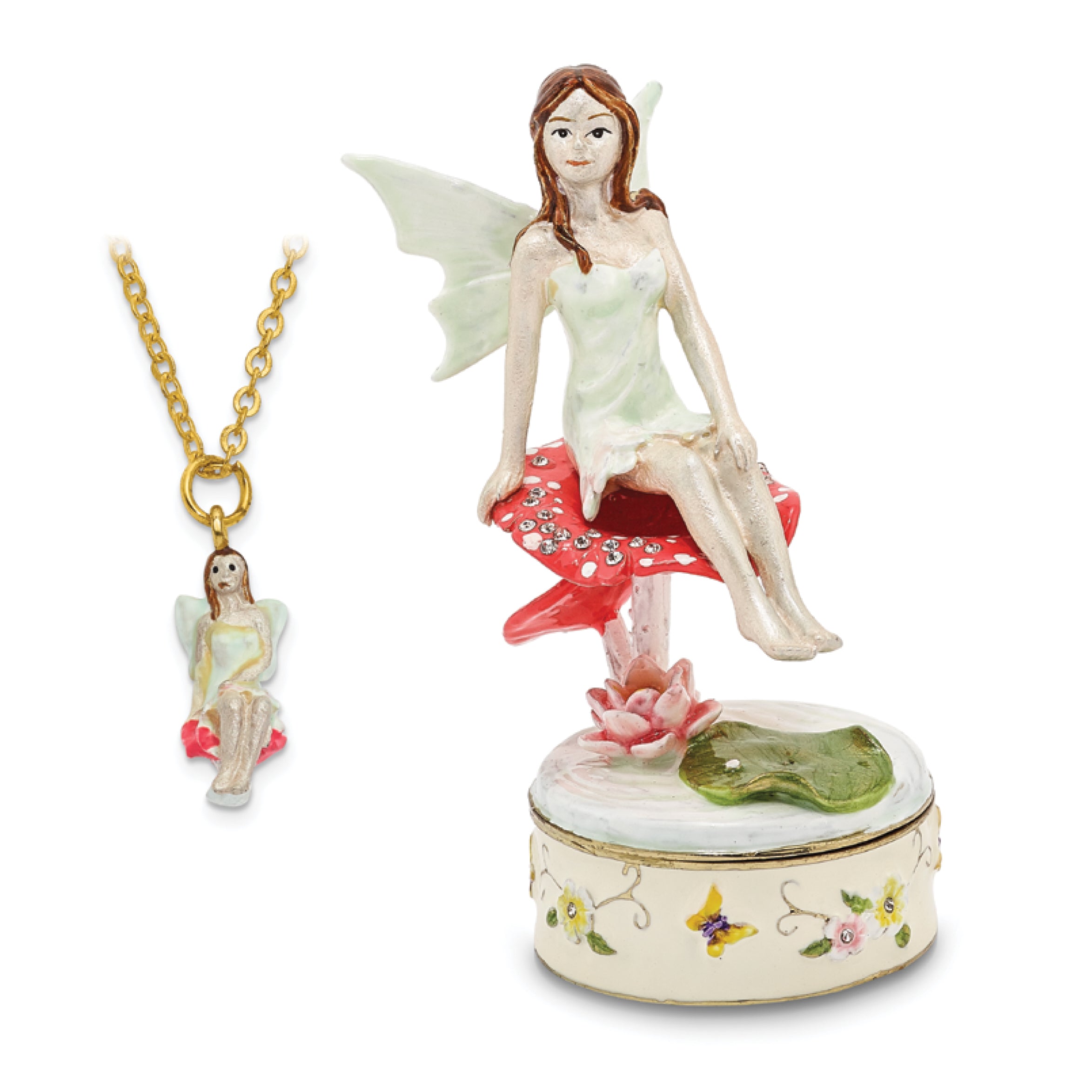 Luxury Giftware Pewter Bejeweled Crystals Gold-tone Enameled DEVON Little Pixie Trinket Box with Matching 18 Inch Necklace