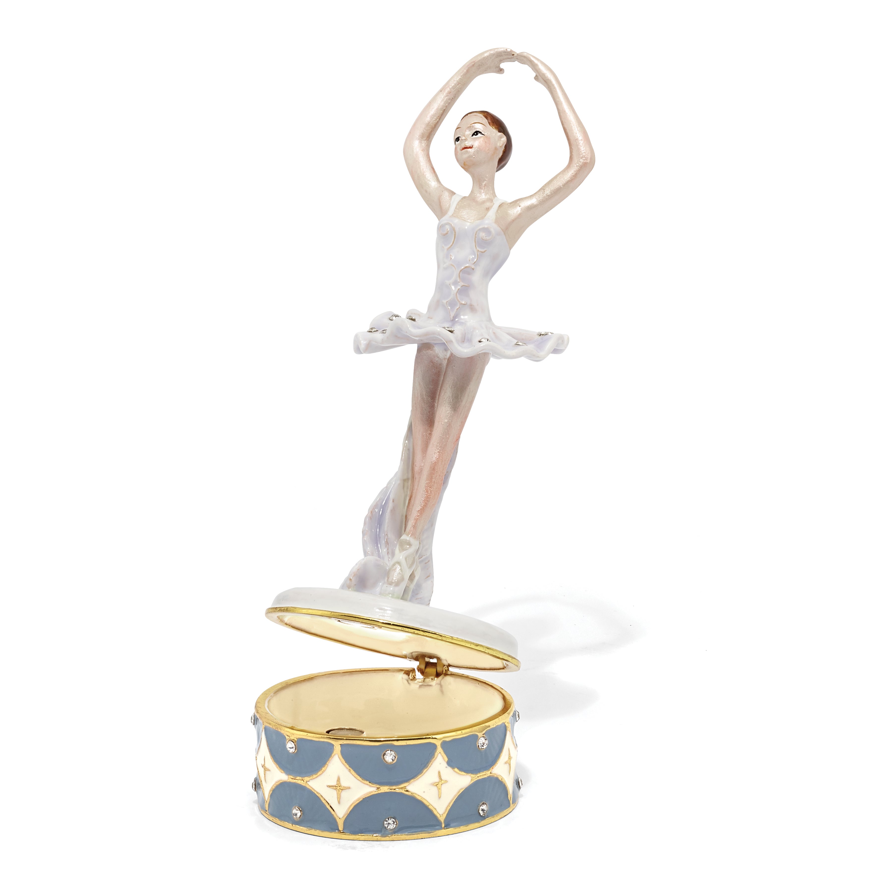 Luxury Giftware Pewter Bejeweled Crystals Gold-tone Enameled BLYTHE Ballerina on Point Trinket Box with Matching 18 Inch Necklace