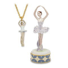 Luxury Giftware Pewter Bejeweled Crystals Gold-tone Enameled BLYTHE Ballerina on Point Trinket Box with Matching 18 Inch Necklace