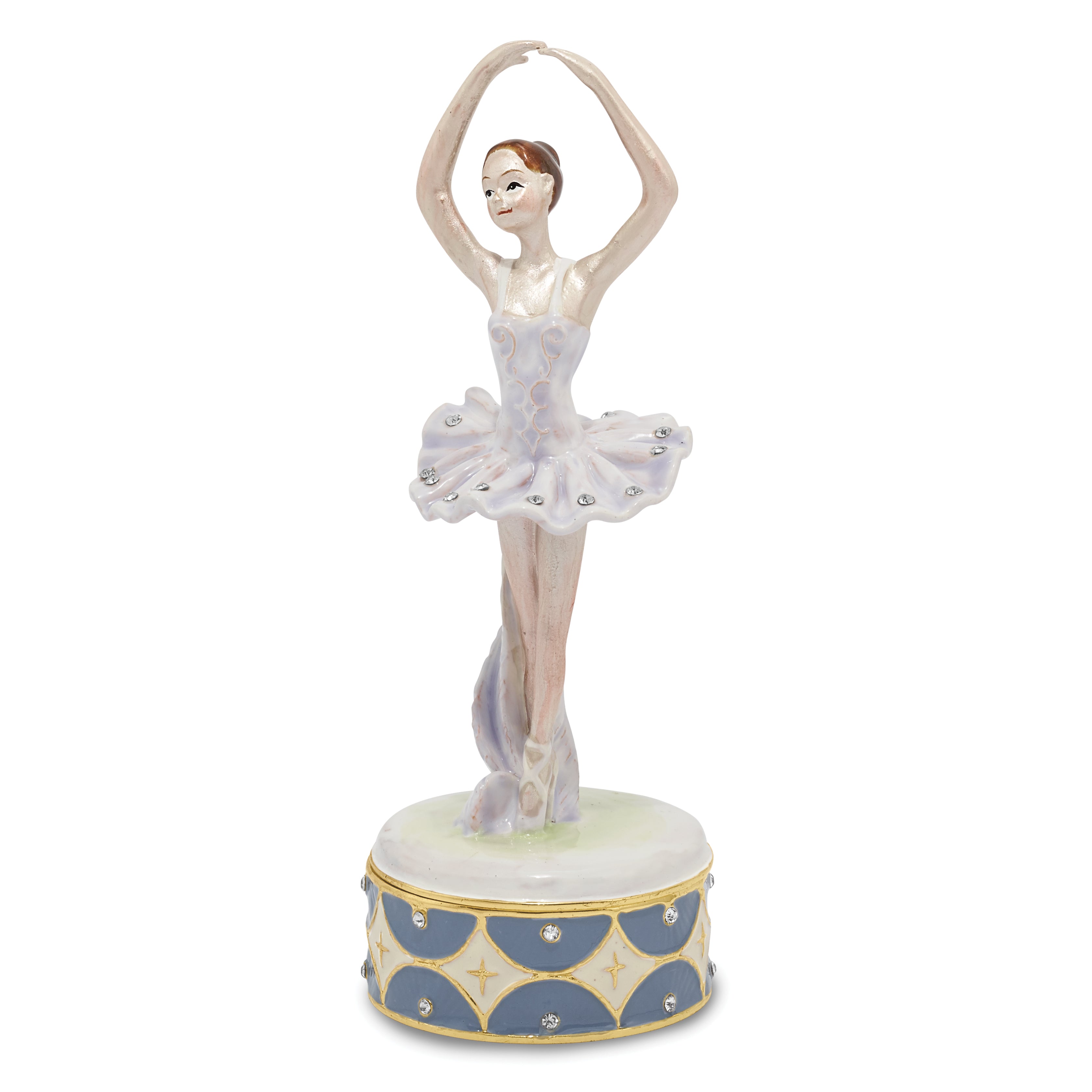 Luxury Giftware Pewter Bejeweled Crystals Gold-tone Enameled BLYTHE Ballerina on Point Trinket Box with Matching 18 Inch Necklace