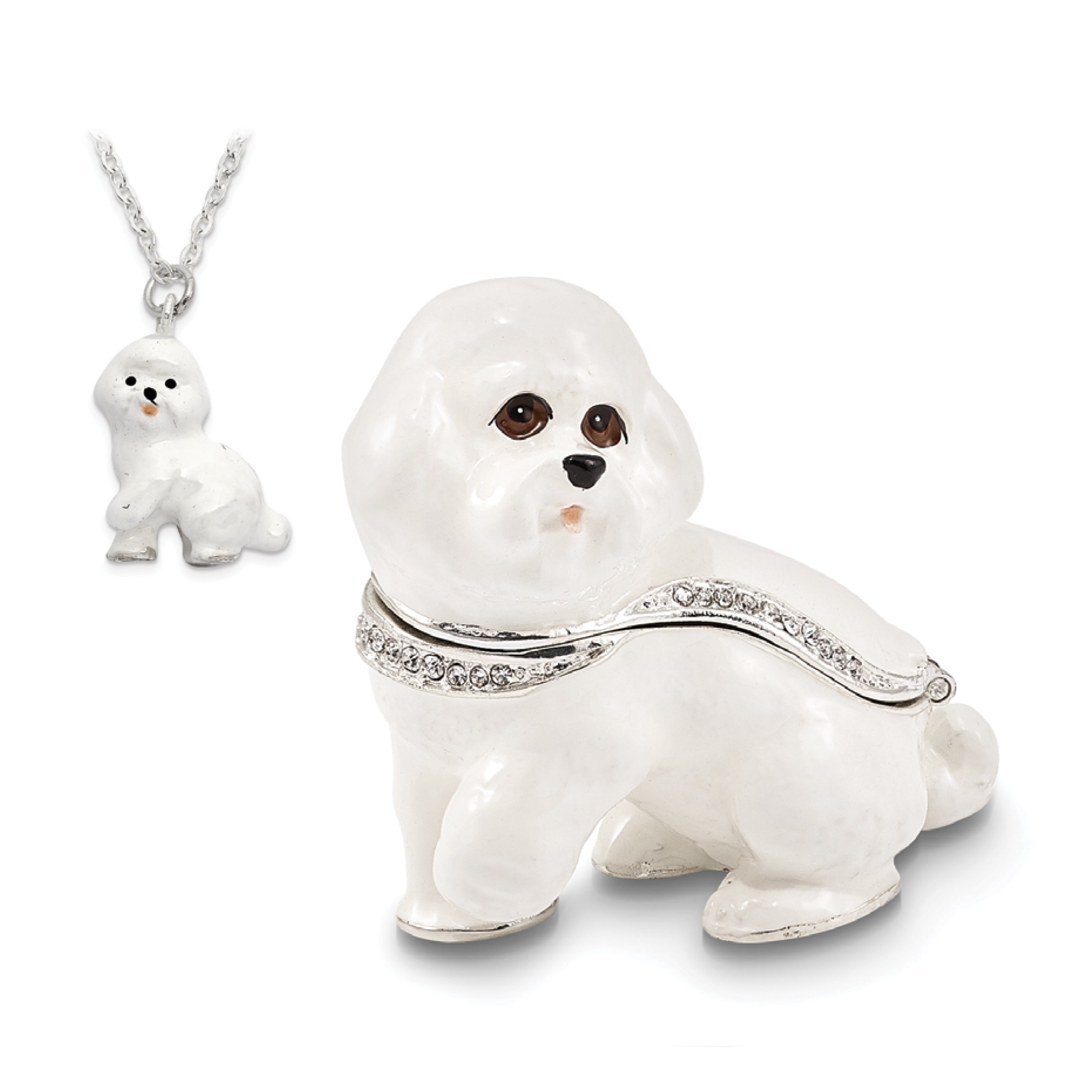 Luxury Giftware Pewter Bejeweled Crystals Silver-tone Enameled BRENDA Bichon Frise Trinket Box with Matching 18 Inch Necklace