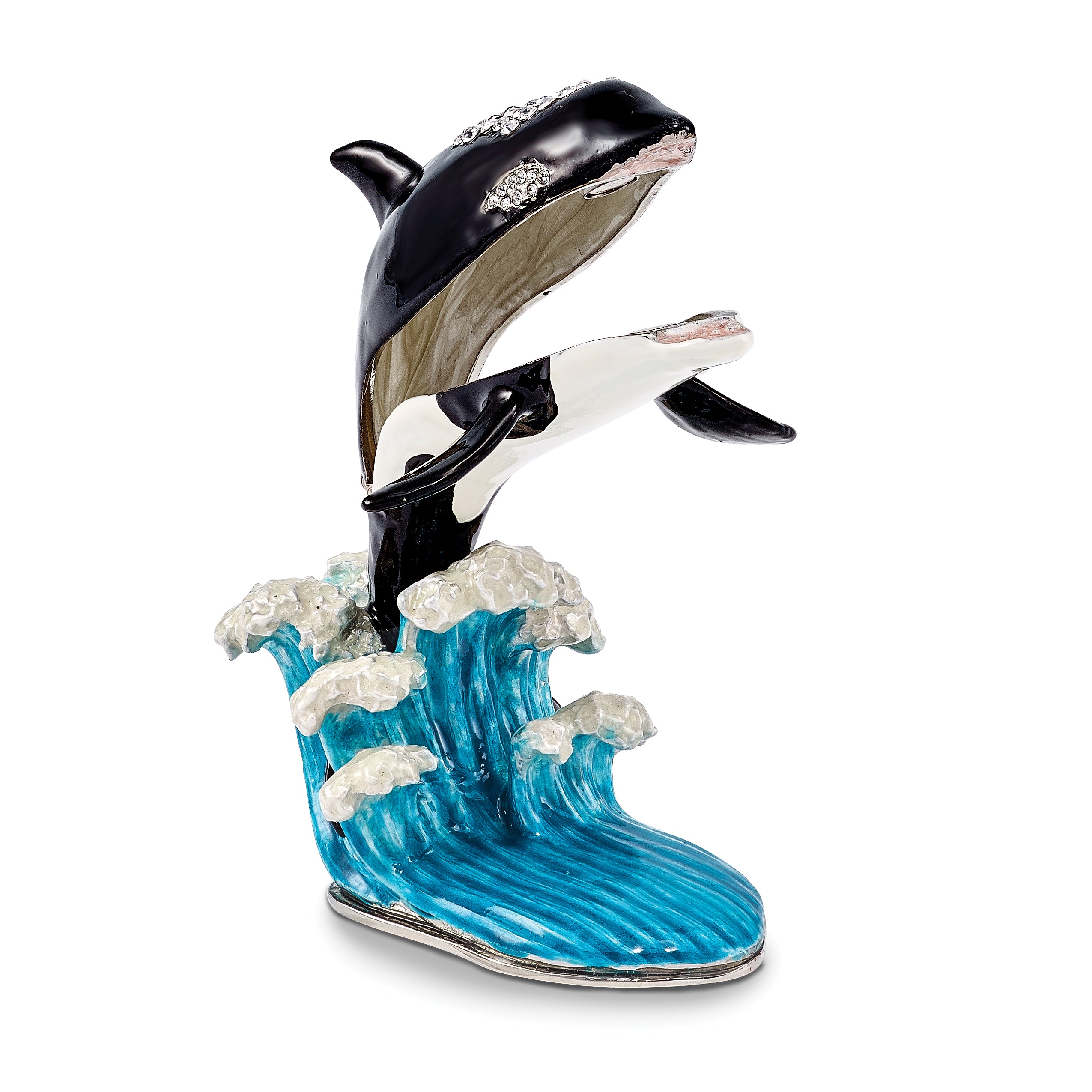 Luxury Giftware Pewter Bejeweled Crystals Silver-tone Enameled OLLIE Orca Whale on Waves Trinket Box with Matching 18 Inch Necklace