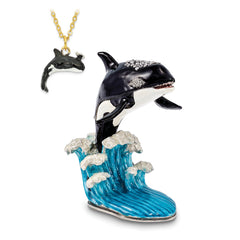 Luxury Giftware Pewter Bejeweled Crystals Silver-tone Enameled OLLIE Orca Whale on Waves Trinket Box with Matching 18 Inch Necklace