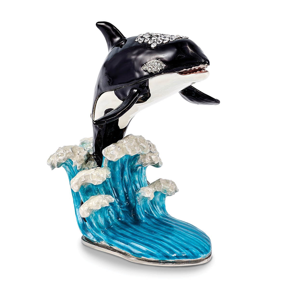 Luxury Giftware Pewter Bejeweled Crystals Silver-tone Enameled OLLIE Orca Whale on Waves Trinket Box with Matching 18 Inch Necklace