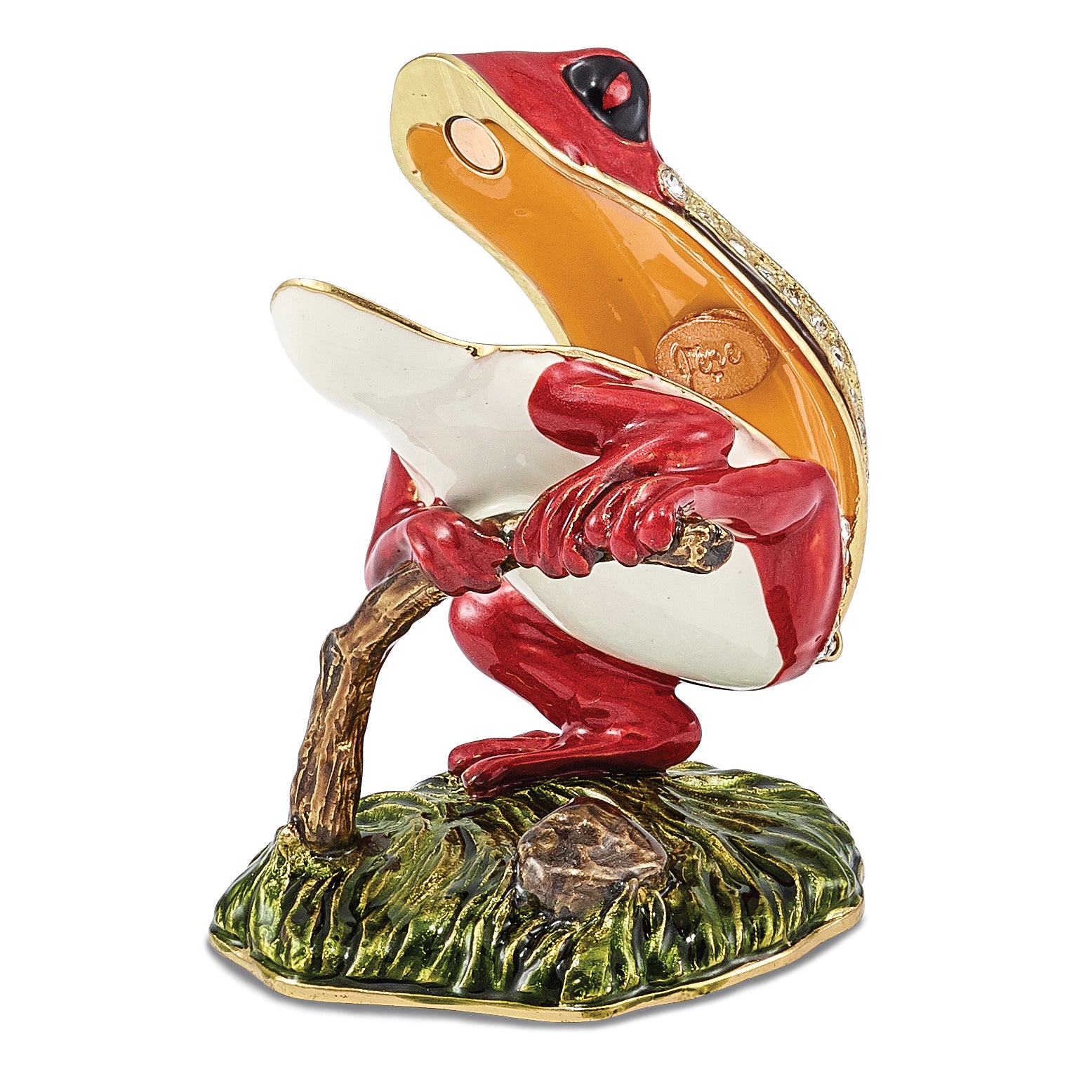 Luxury Giftware Pewter Bejeweled Crystals Gold-tone Enameled RASCAL Red Frog on Branch Trinket Box with Matching 18 Inch Necklace