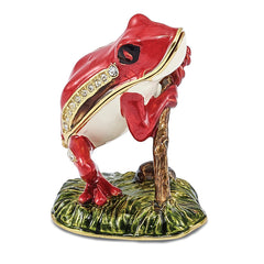 Luxury Giftware Pewter Bejeweled Crystals Gold-tone Enameled RASCAL Red Frog on Branch Trinket Box with Matching 18 Inch Necklace