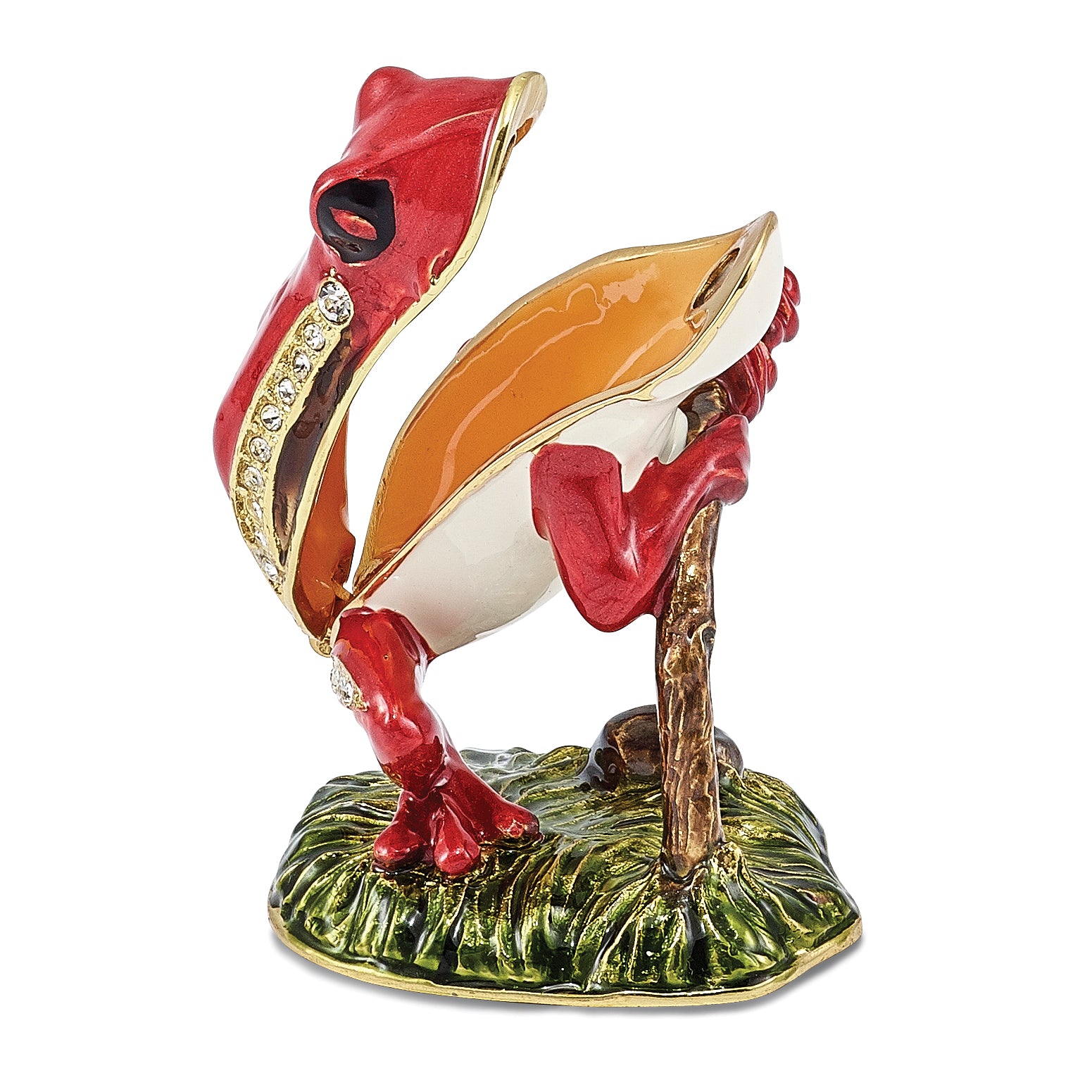 Luxury Giftware Pewter Bejeweled Crystals Gold-tone Enameled RASCAL Red Frog on Branch Trinket Box with Matching 18 Inch Necklace