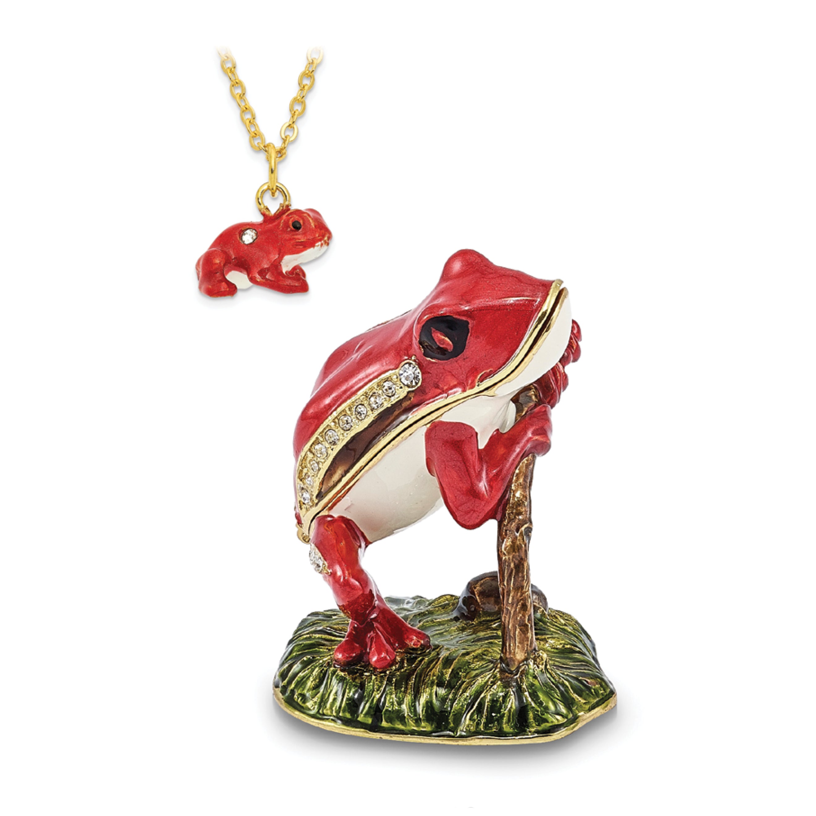 Luxury Giftware Pewter Bejeweled Crystals Gold-tone Enameled RASCAL Red Frog on Branch Trinket Box with Matching 18 Inch Necklace