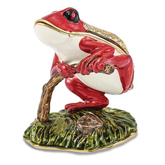 Luxury Giftware Pewter Bejeweled Crystals Gold-tone Enameled RASCAL Red Frog on Branch Trinket Box with Matching 18 Inch Necklace