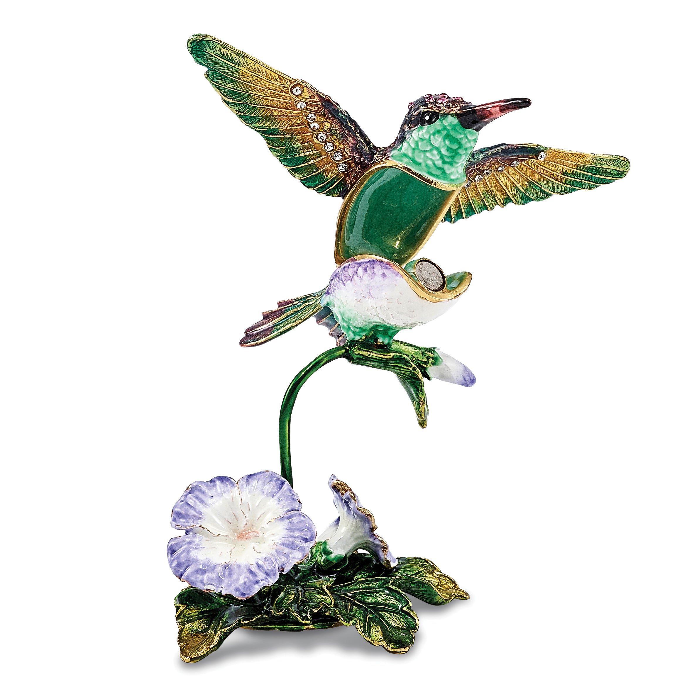 Luxury Giftware Pewter Bejeweled Crystals Gold-tone Enameled HUEY Hummingbird & Petunia Trinket Box with Matching 18 Inch Necklace