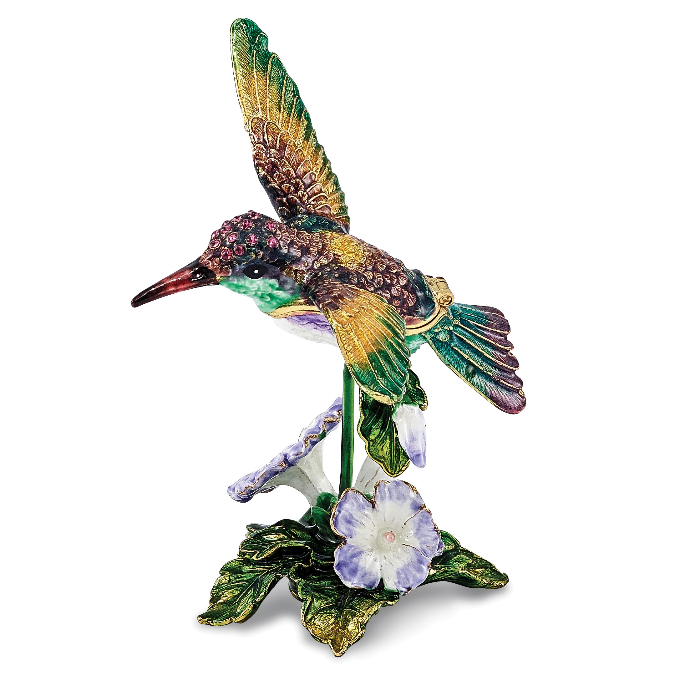 Luxury Giftware Pewter Bejeweled Crystals Gold-tone Enameled HUEY Hummingbird & Petunia Trinket Box with Matching 18 Inch Necklace