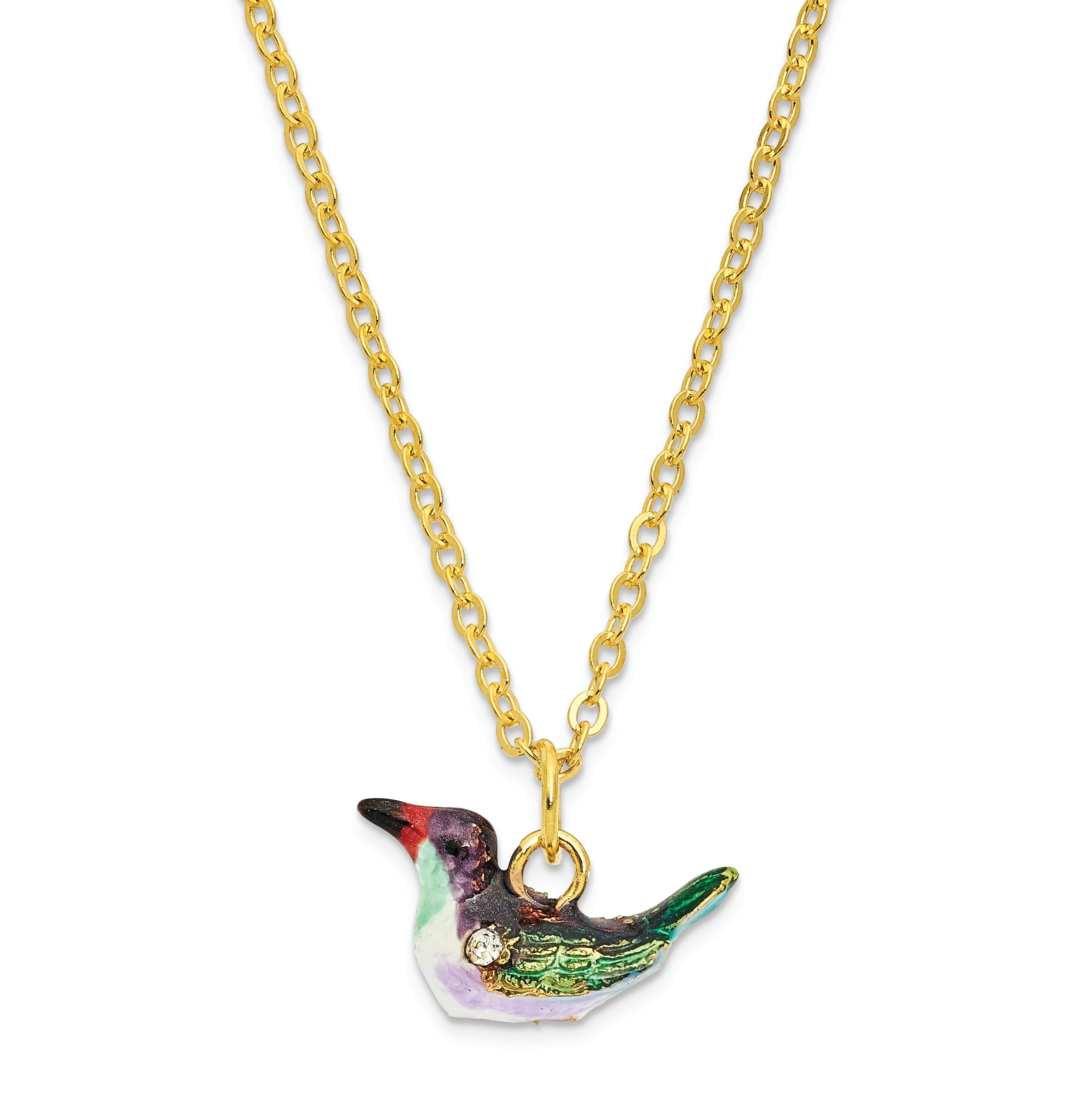 Luxury Giftware Pewter Bejeweled Crystals Gold-tone Enameled HUEY Hummingbird & Petunia Trinket Box with Matching 18 Inch Necklace