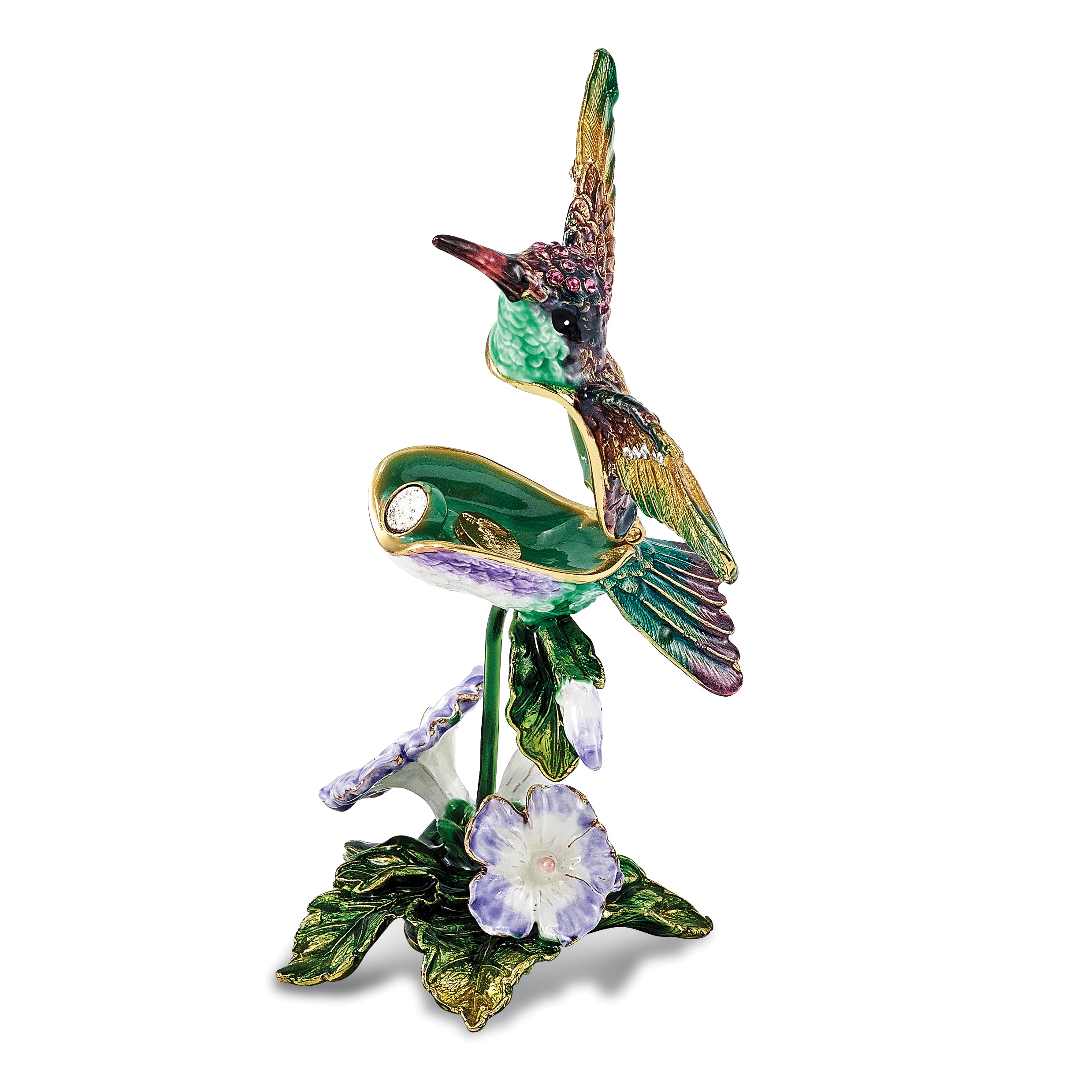 Luxury Giftware Pewter Bejeweled Crystals Gold-tone Enameled HUEY Hummingbird & Petunia Trinket Box with Matching 18 Inch Necklace