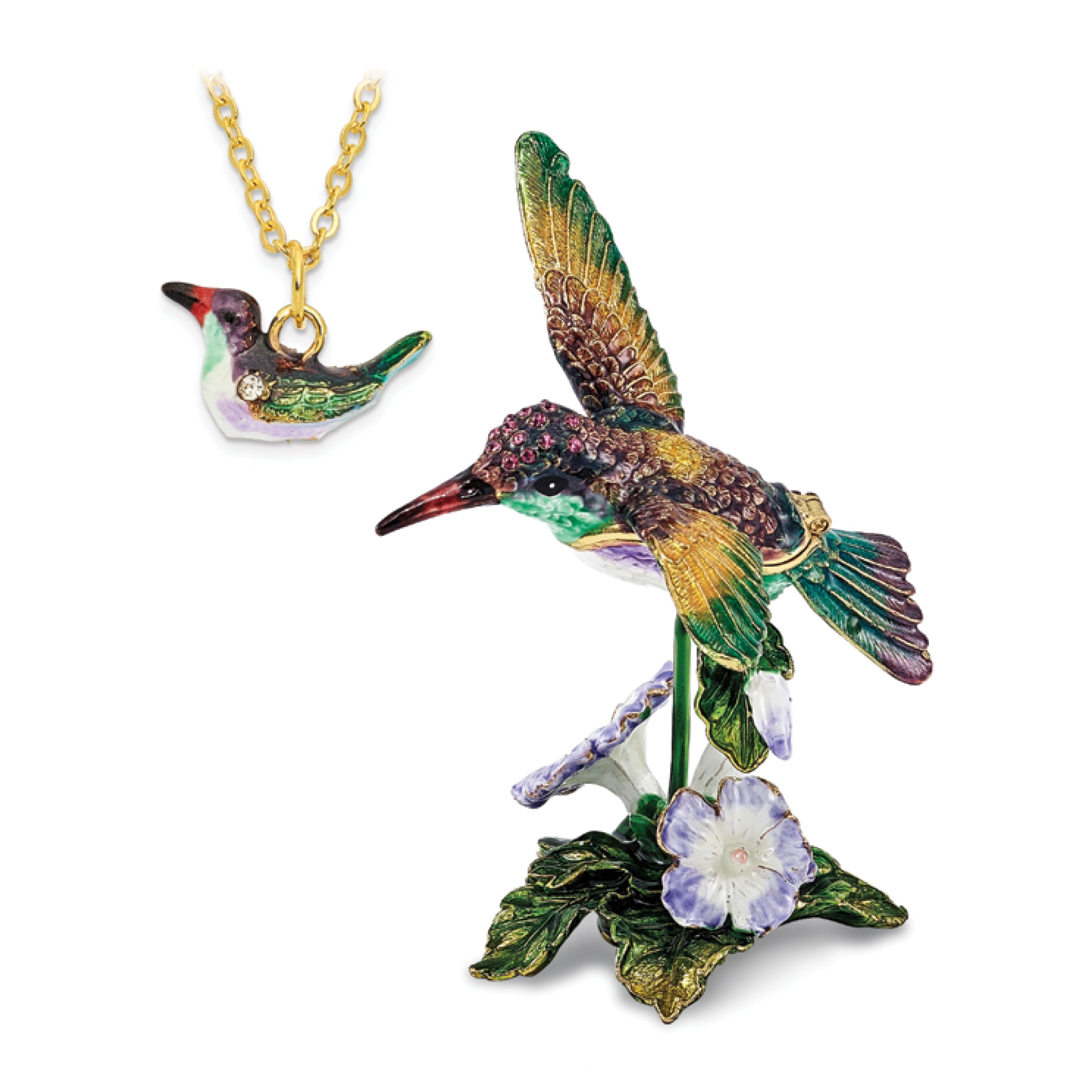 Luxury Giftware Pewter Bejeweled Crystals Gold-tone Enameled HUEY Hummingbird & Petunia Trinket Box with Matching 18 Inch Necklace