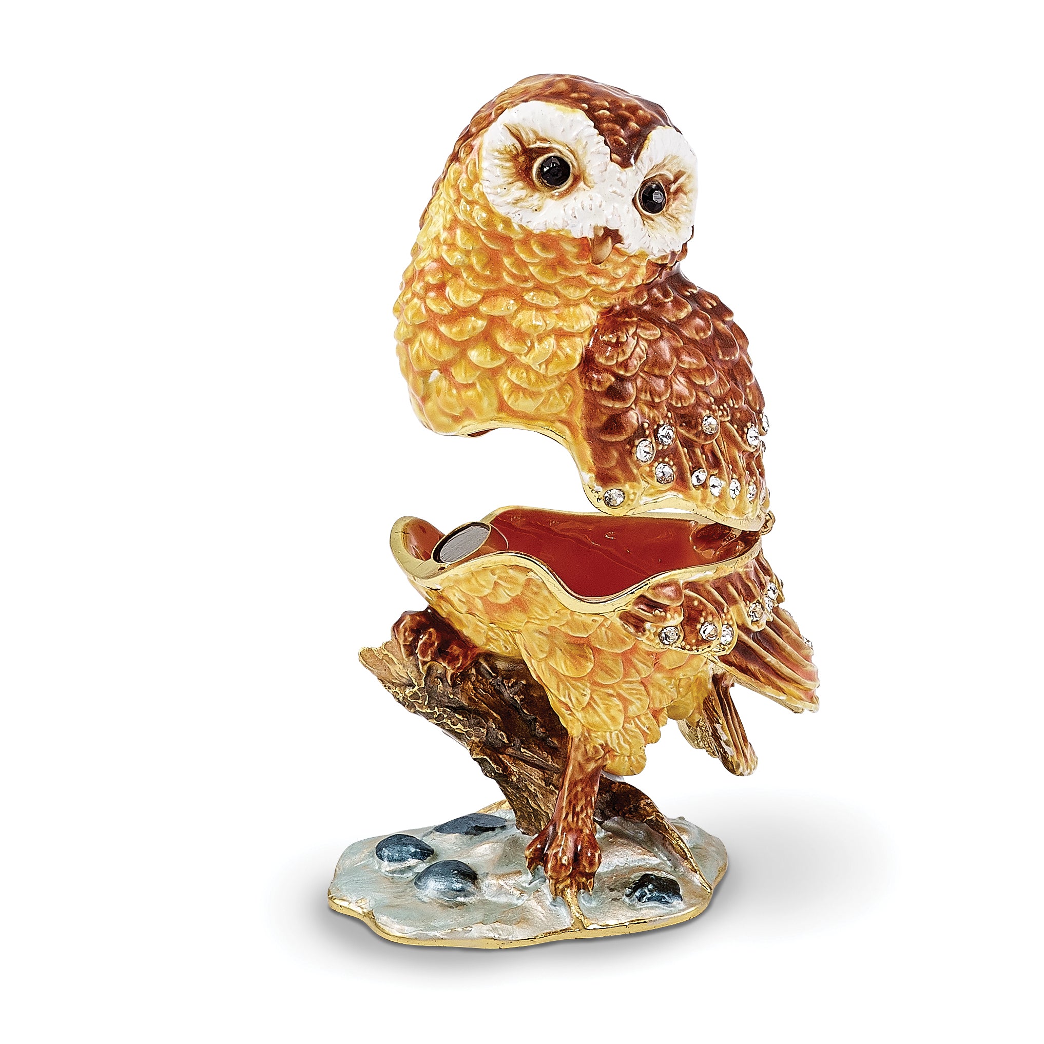 Luxury Giftware Pewter Bejeweled Crystals Gold-tone Enameled MR. WHOO Barn Owl Trinket Box with Matching 18 Inch Necklace