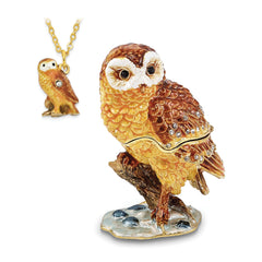 Luxury Giftware Pewter Bejeweled Crystals Gold-tone Enameled MR. WHOO Barn Owl Trinket Box with Matching 18 Inch Necklace