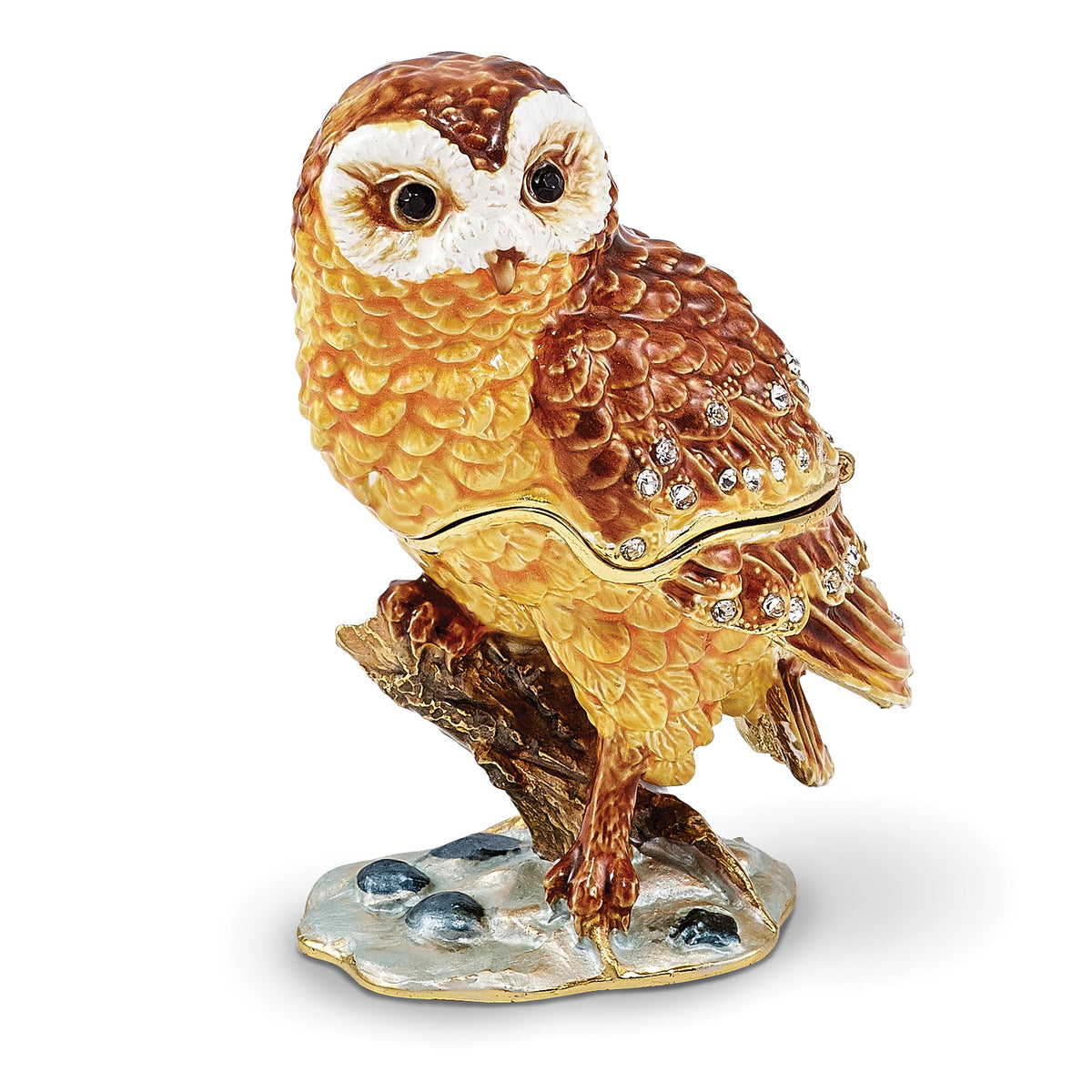 Luxury Giftware Pewter Bejeweled Crystals Gold-tone Enameled MR. WHOO Barn Owl Trinket Box with Matching 18 Inch Necklace