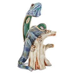 Luxury Giftware Pewter Bejeweled Crystals Gold-tone Enameled CAYMAN Blue Iguana on Branch Trinket Box with Matching 18 Inch Necklace