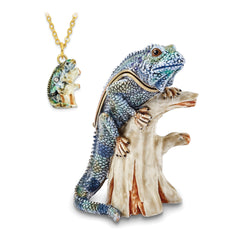 Luxury Giftware Pewter Bejeweled Crystals Gold-tone Enameled CAYMAN Blue Iguana on Branch Trinket Box with Matching 18 Inch Necklace