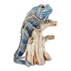 Luxury Giftware Pewter Bejeweled Crystals Gold-tone Enameled CAYMAN Blue Iguana on Branch Trinket Box with Matching 18 Inch Necklace