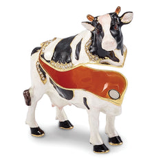 Luxury Giftware Pewter Bejeweled Crystals Gold-tone Enameled BESSIE Holstein Cow Trinket Box with Matching 18 Inch Necklace