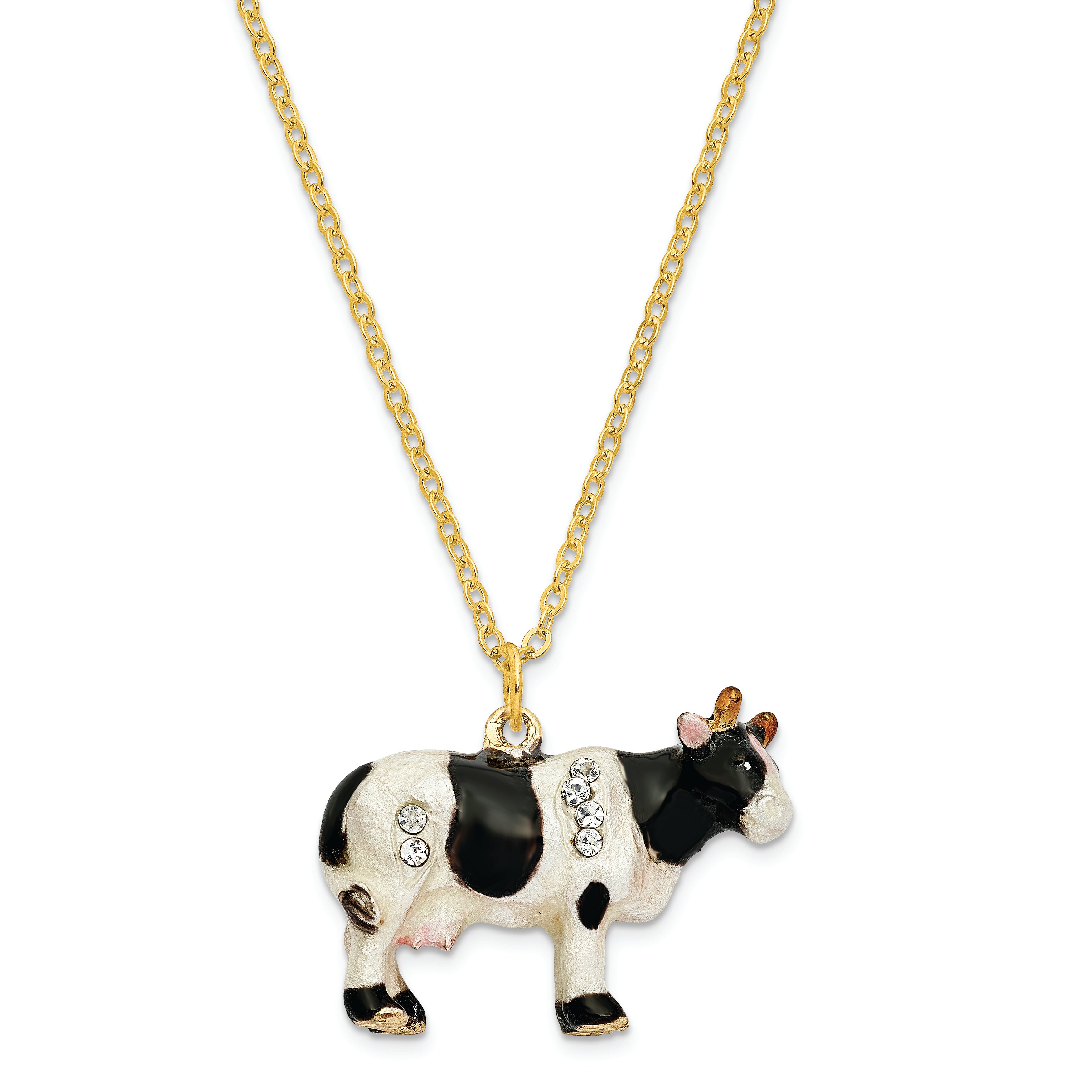 Luxury Giftware Pewter Bejeweled Crystals Gold-tone Enameled BESSIE Holstein Cow Trinket Box with Matching 18 Inch Necklace