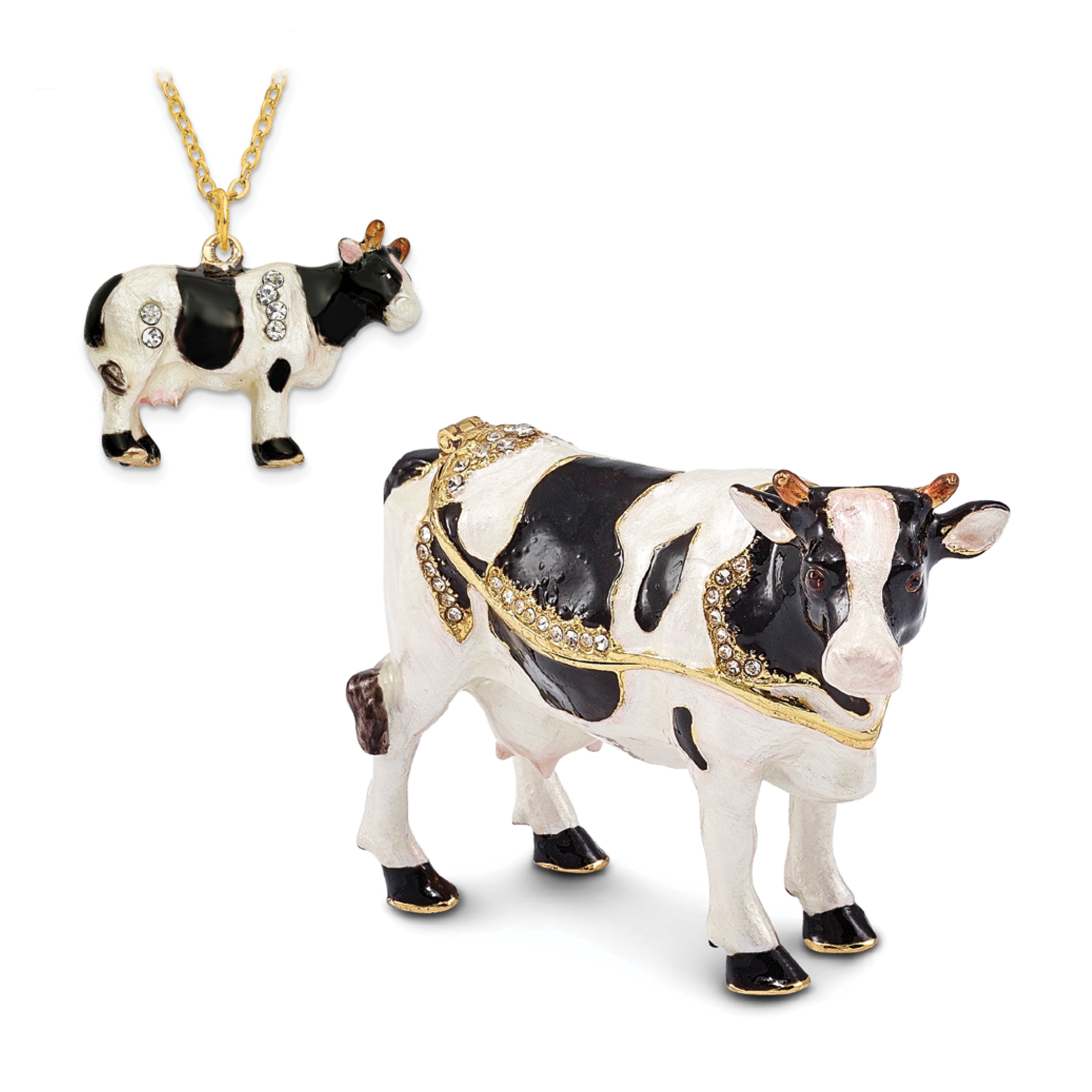 Luxury Giftware Pewter Bejeweled Crystals Gold-tone Enameled BESSIE Holstein Cow Trinket Box with Matching 18 Inch Necklace