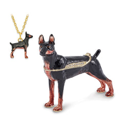 Luxury Giftware Pewter Bejeweled Crystals Gold-tone Enameled RALEIGH Doberman Pinscher Trinket Box with Matching 18 Inch Necklace