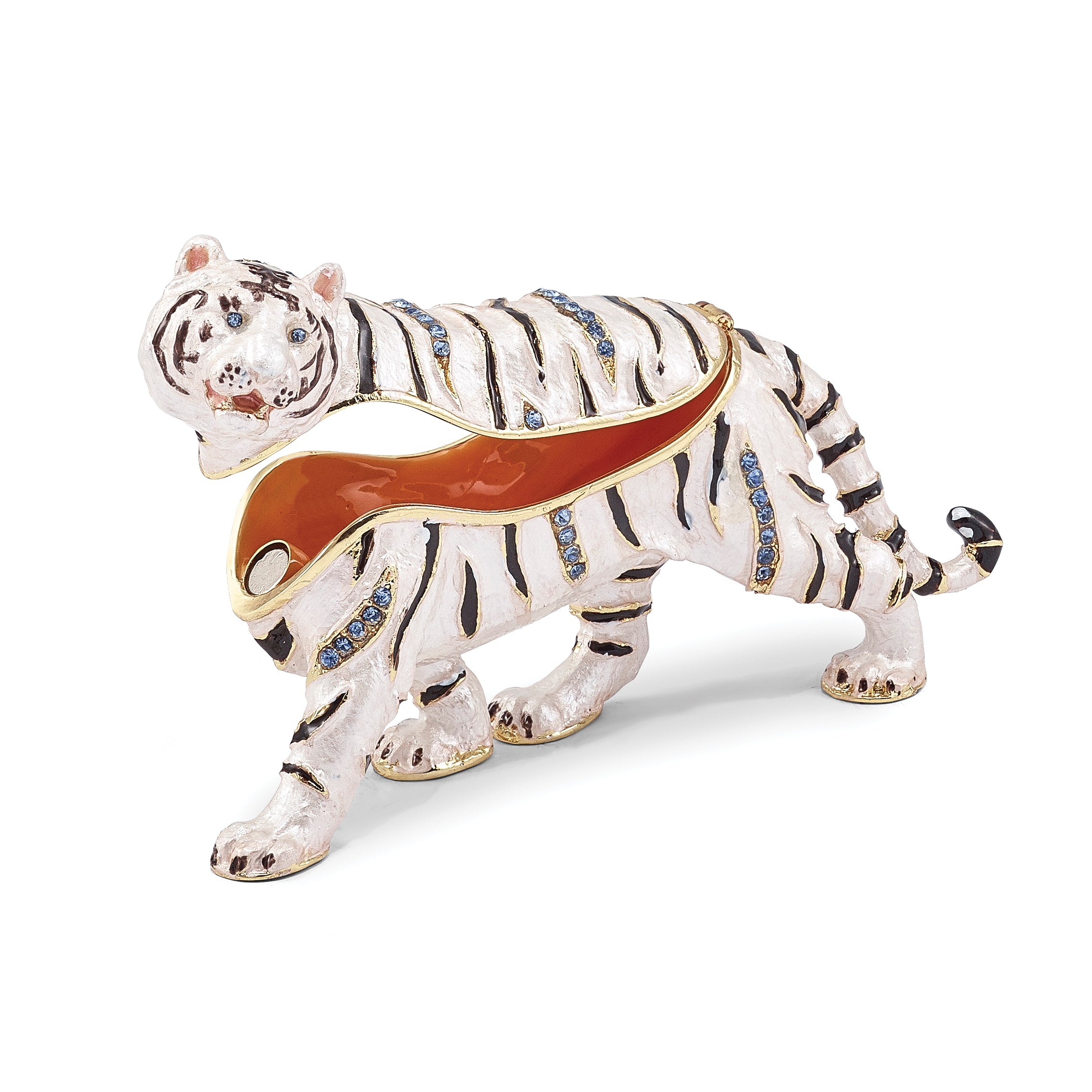 Luxury Giftware Pewter Bejeweled Crystals Gold-tone Enameled MALA White Tiger Trinket Box with Matching 18 Inch Necklace