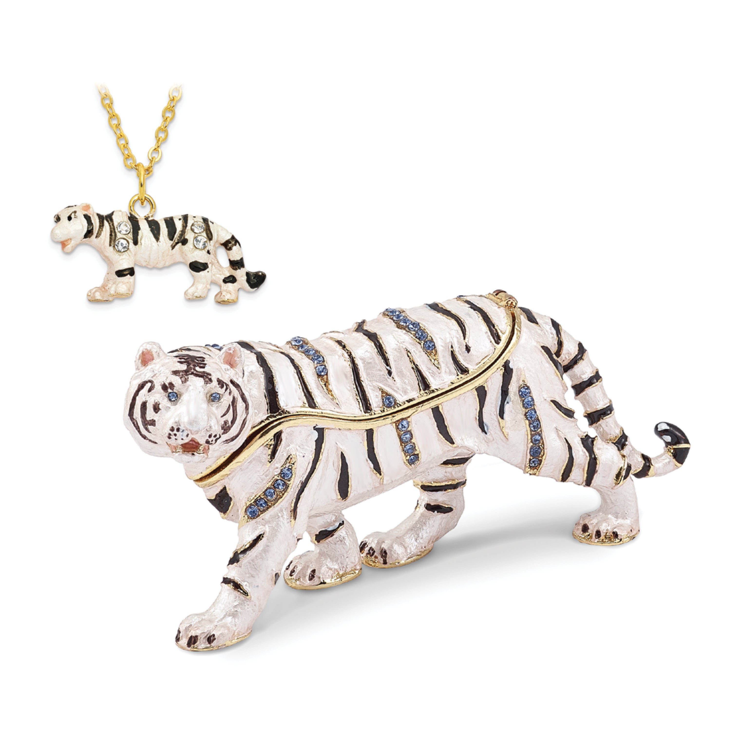 Luxury Giftware Pewter Bejeweled Crystals Gold-tone Enameled MALA White Tiger Trinket Box with Matching 18 Inch Necklace