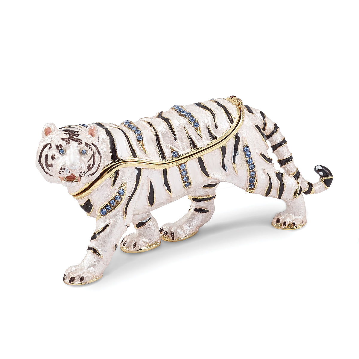 Luxury Giftware Pewter Bejeweled Crystals Gold-tone Enameled MALA White Tiger Trinket Box with Matching 18 Inch Necklace