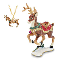 Luxury Giftware Pewter Bejeweled Crystals Gold-tone Enameled RUFUS Reindeer Trinket Box with Matching 18 Inch Necklace