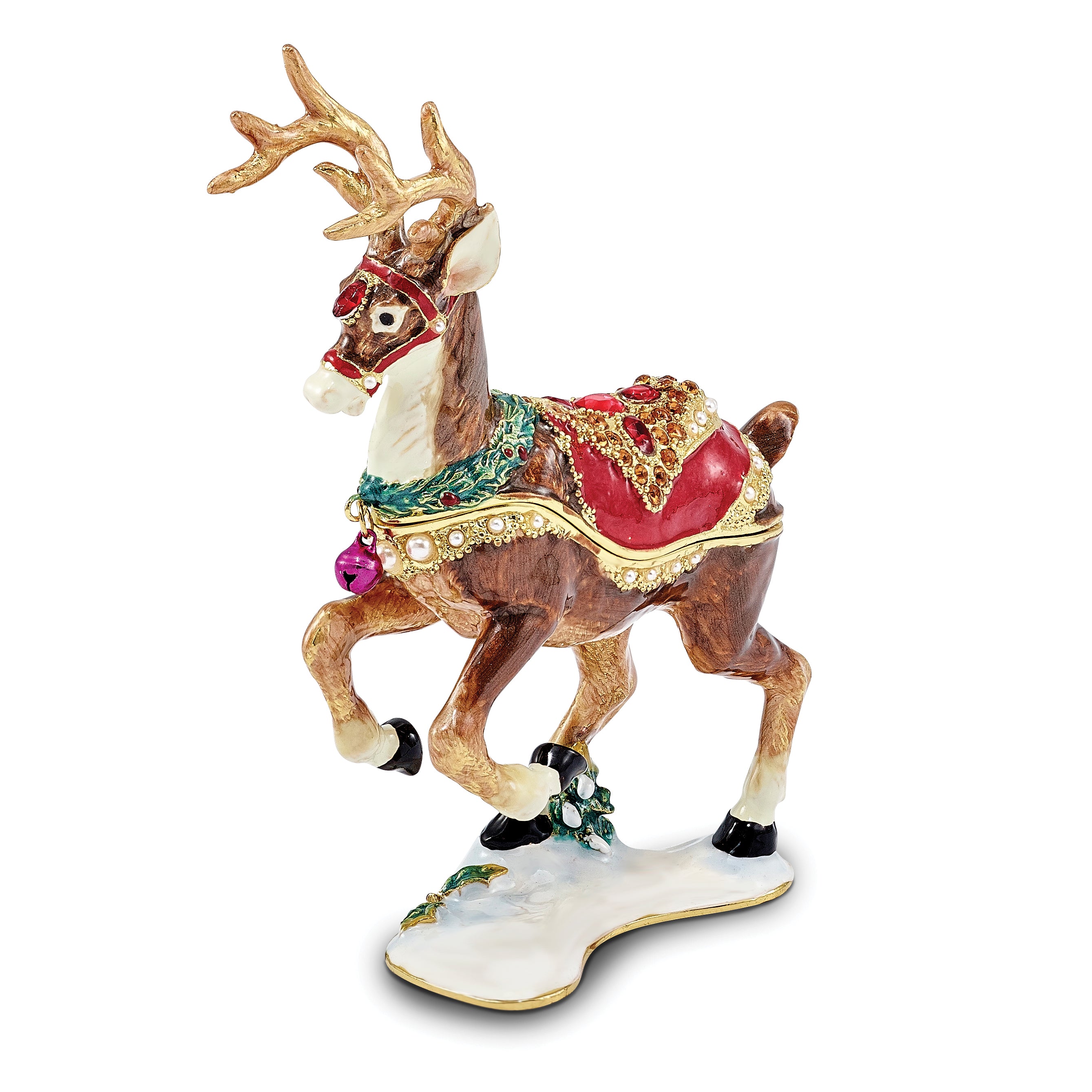 Luxury Giftware Pewter Bejeweled Crystals Gold-tone Enameled RUFUS Reindeer Trinket Box with Matching 18 Inch Necklace