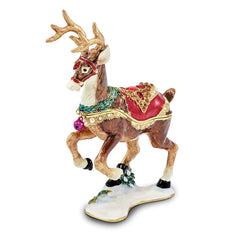 Luxury Giftware Pewter Bejeweled Crystals Gold-tone Enameled RUFUS Reindeer Trinket Box with Matching 18 Inch Necklace