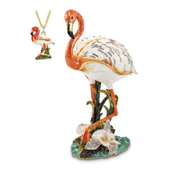 Luxury Giftware Pewter Bejeweled Crystals Gold-tone Enameled MANGO Large Flamingo Trinket Box with Matching 18 Inch Necklace